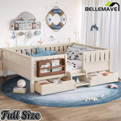 Bellemave® Montessori Bed with Stairs, Rails & Slats, Montessori Floor Bed with Bookshelf & 2 Storage Drawers for Girls & Boys - Bellemave