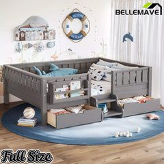 Bellemave® Montessori Bed with Stairs, Rails & Slats, Montessori Floor Bed with Bookshelf & 2 Storage Drawers for Girls & Boys - Bellemave