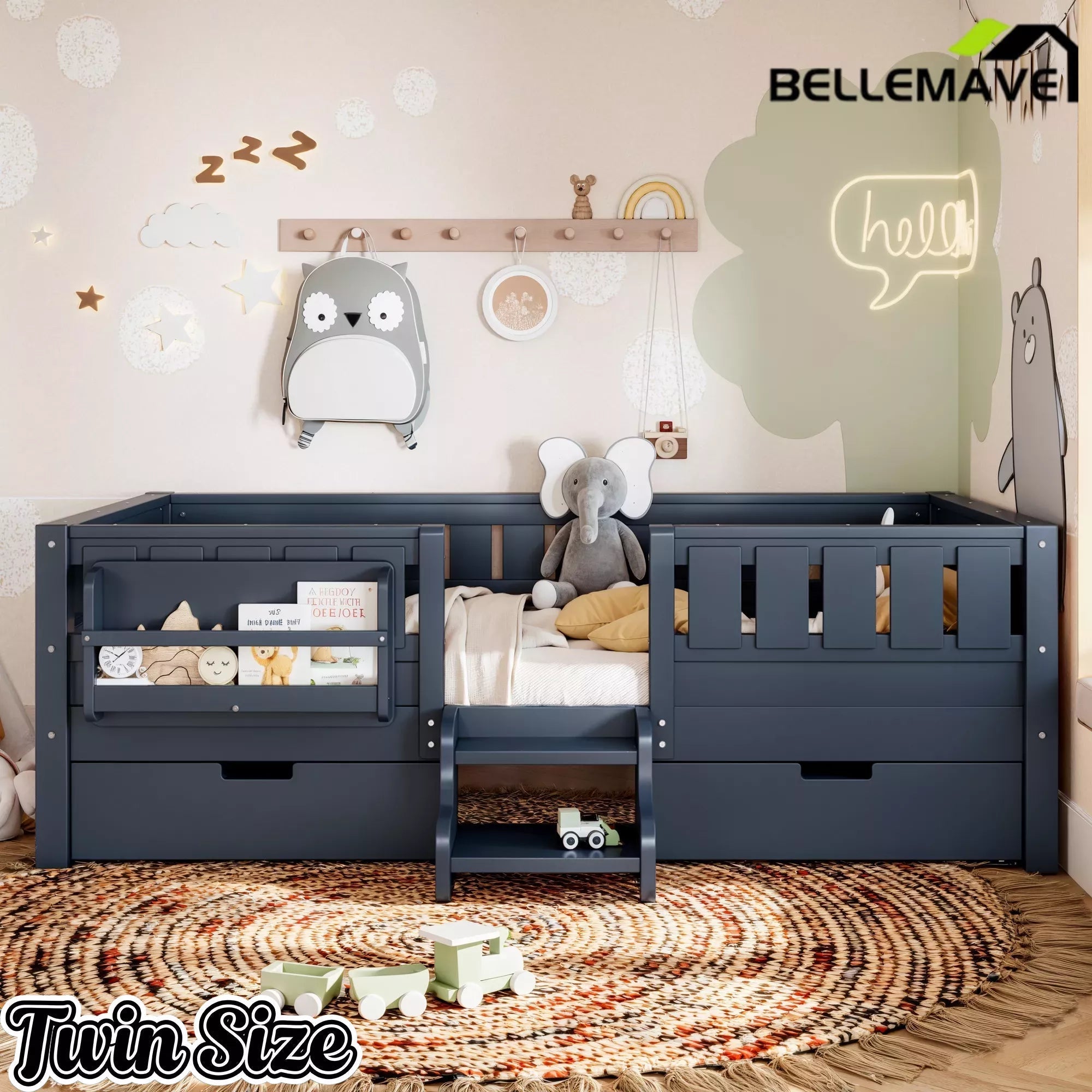 Bellemave® Montessori Bed with Stairs, Rails & Slats, Montessori Floor Bed with Bookshelf & 2 Storage Drawers for Girls & Boys - Bellemave