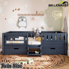 Bellemave® Montessori Bed with Stairs, Rails & Slats, Montessori Floor Bed with Bookshelf & 2 Storage Drawers for Girls & Boys - Bellemave