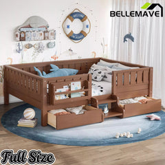 Bellemave® Montessori Bed with Stairs, Rails & Slats, Montessori Floor Bed with Bookshelf & 2 Storage Drawers for Girls & Boys - Bellemave