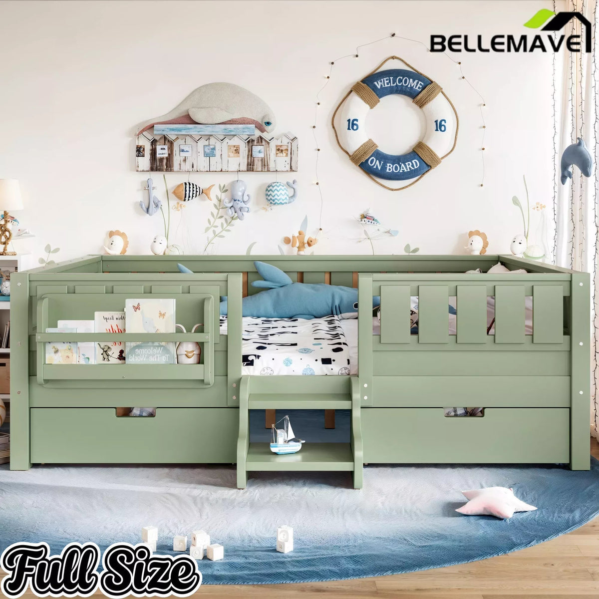Bellemave® Montessori Bed with Stairs, Rails & Slats, Montessori Floor Bed with Bookshelf & 2 Storage Drawers for Girls & Boys - Bellemave