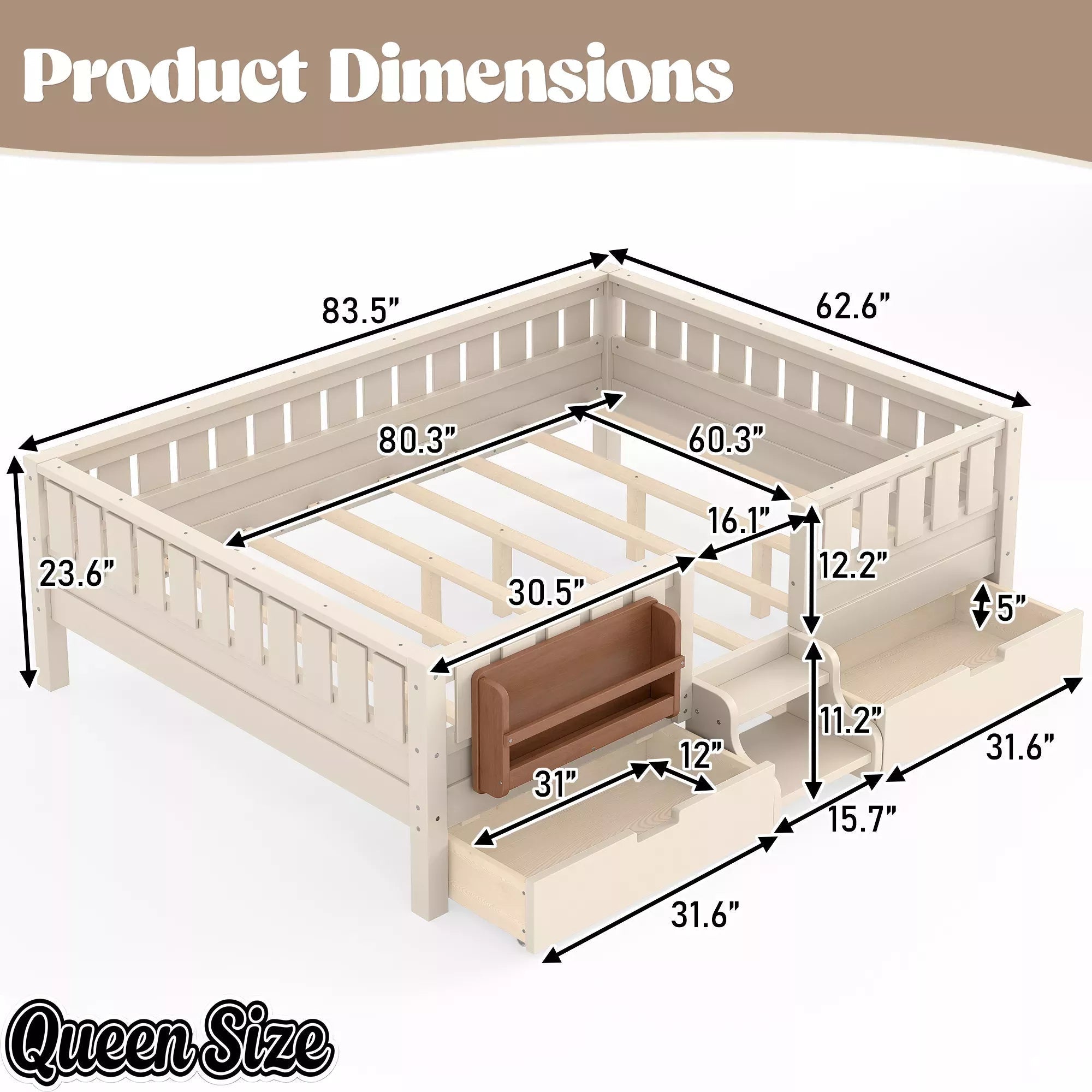 Bellemave® Montessori Bed with Stairs, Rails & Slats, Montessori Floor Bed with Bookshelf & 2 Storage Drawers for Girls & Boys - Bellemave