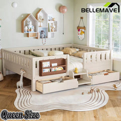 Bellemave® Montessori Bed with Stairs, Rails & Slats, Montessori Floor Bed with Bookshelf & 2 Storage Drawers for Girls & Boys - Bellemave