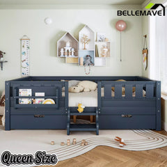 Bellemave® Montessori Bed with Stairs, Rails & Slats, Montessori Floor Bed with Bookshelf & 2 Storage Drawers for Girls & Boys - Bellemave