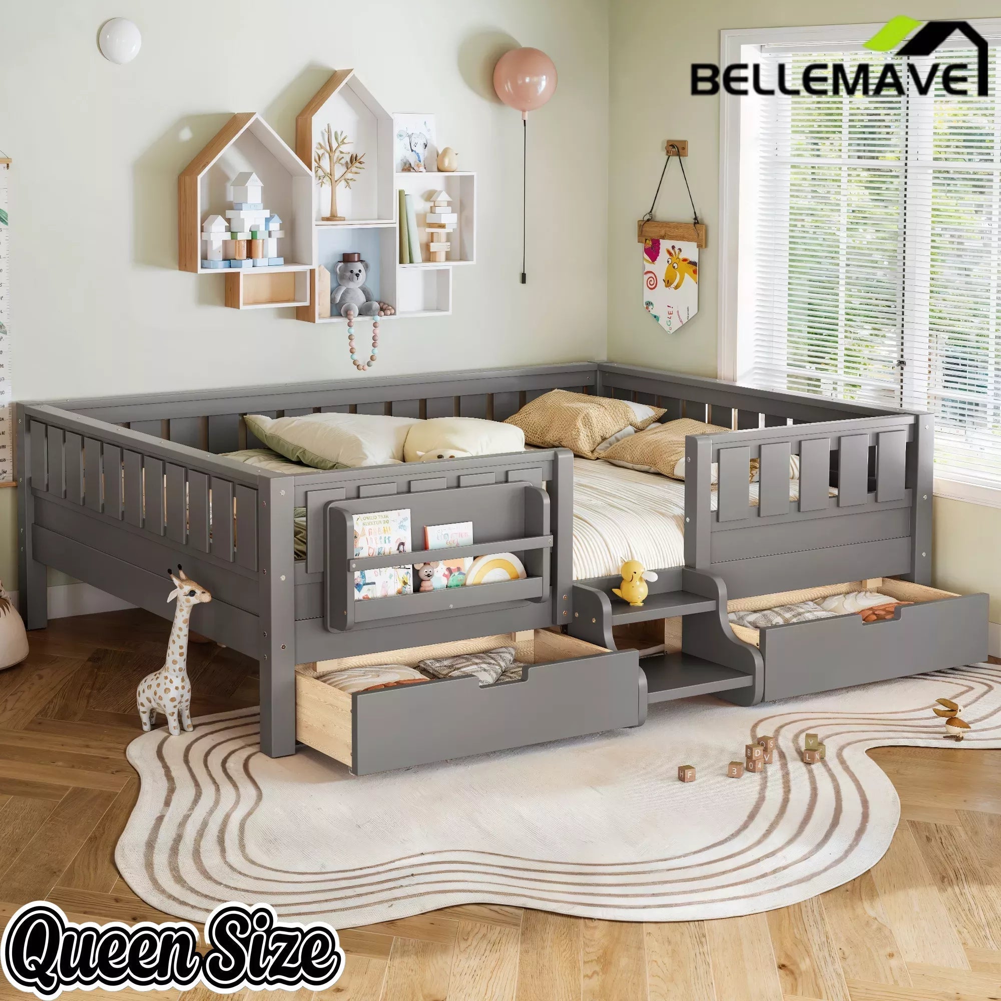 Bellemave® Montessori Bed with Stairs, Rails & Slats, Montessori Floor Bed with Bookshelf & 2 Storage Drawers for Girls & Boys - Bellemave