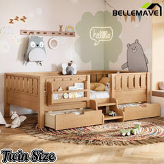 Bellemave® Montessori Bed with Stairs, Rails & Slats, Montessori Floor Bed with Bookshelf & 2 Storage Drawers for Girls & Boys - Bellemave