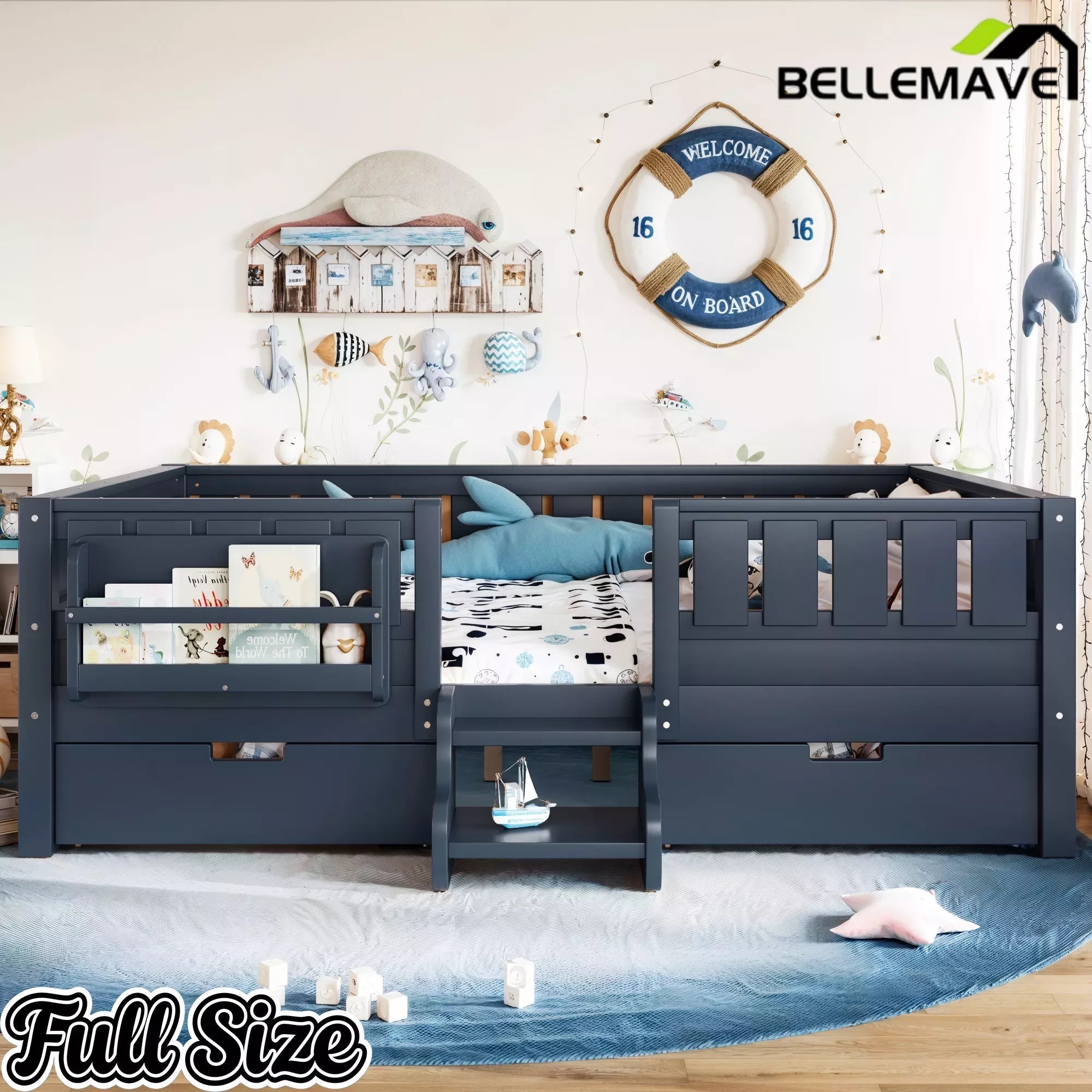 Bellemave® Montessori Bed with Stairs, Rails & Slats, Montessori Floor Bed with Bookshelf & 2 Storage Drawers for Girls & Boys - Bellemave