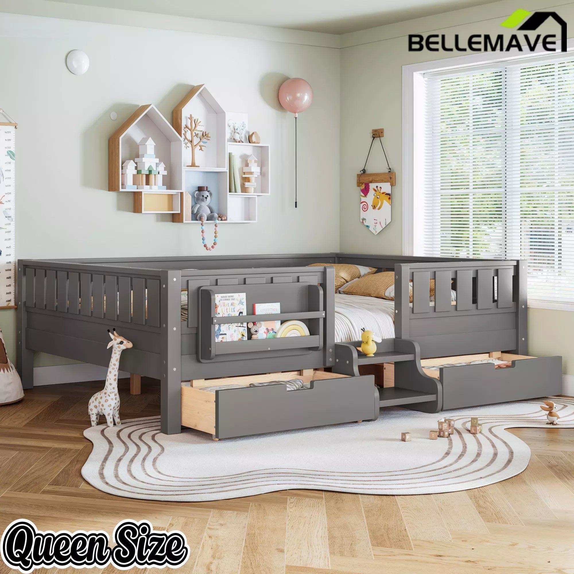 Bellemave® Montessori Bed with Stairs, Rails & Slats, Montessori Floor Bed with Bookshelf & 2 Storage Drawers for Girls & Boys - Bellemave