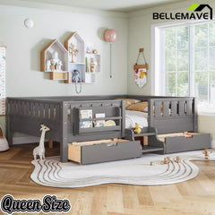 Bellemave® Montessori Bed with Stairs, Rails & Slats, Montessori Floor Bed with Bookshelf & 2 Storage Drawers for Girls & Boys - Bellemave