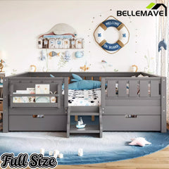 Bellemave® Montessori Bed with Stairs, Rails & Slats, Montessori Floor Bed with Bookshelf & 2 Storage Drawers for Girls & Boys - Bellemave