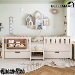 Bellemave® Montessori Bed with Stairs, Rails & Slats, Montessori Floor Bed with Bookshelf & 2 Storage Drawers for Girls & Boys - Bellemave