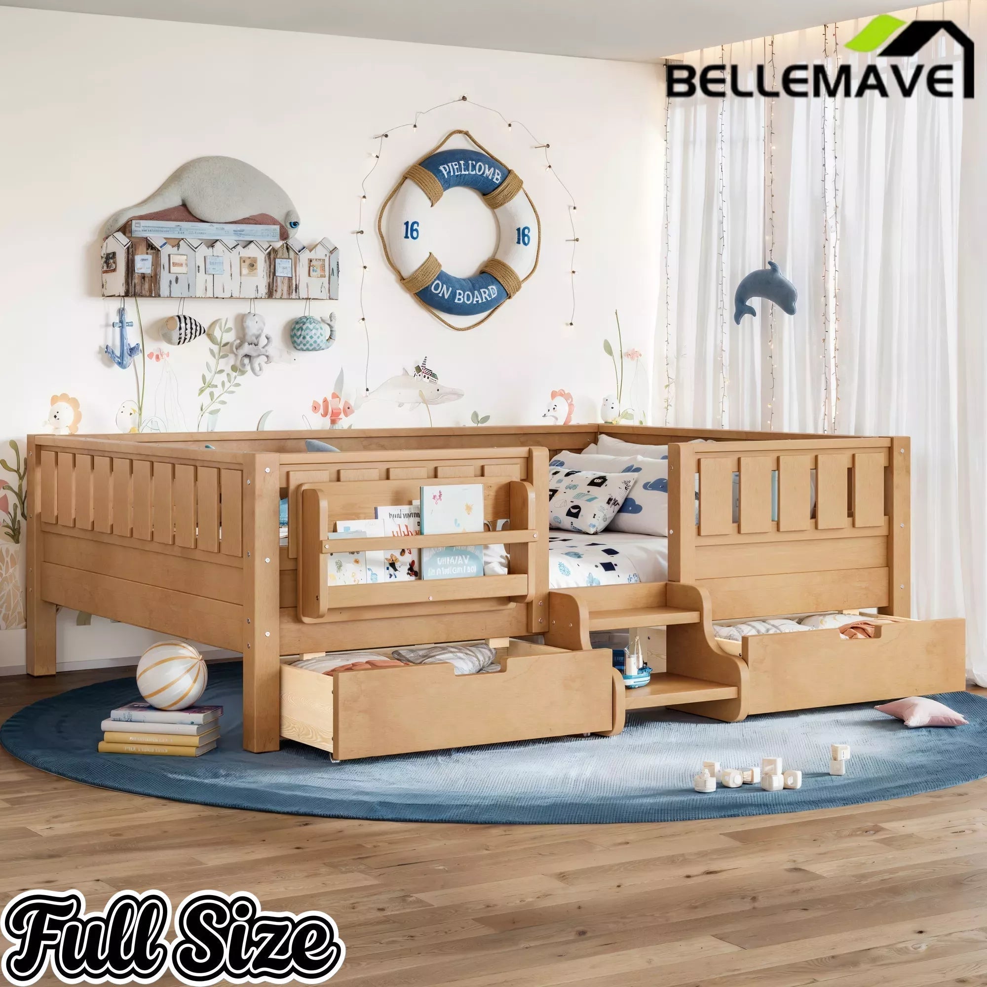 Bellemave® Montessori Bed with Stairs, Rails & Slats, Montessori Floor Bed with Bookshelf & 2 Storage Drawers for Girls & Boys - Bellemave