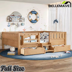 Bellemave® Montessori Bed with Stairs, Rails & Slats, Montessori Floor Bed with Bookshelf & 2 Storage Drawers for Girls & Boys - Bellemave