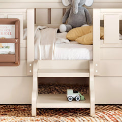 Bellemave® Montessori Bed with Stairs, Rails & Slats, Montessori Floor Bed with Bookshelf & 2 Storage Drawers for Girls & Boys - Bellemave