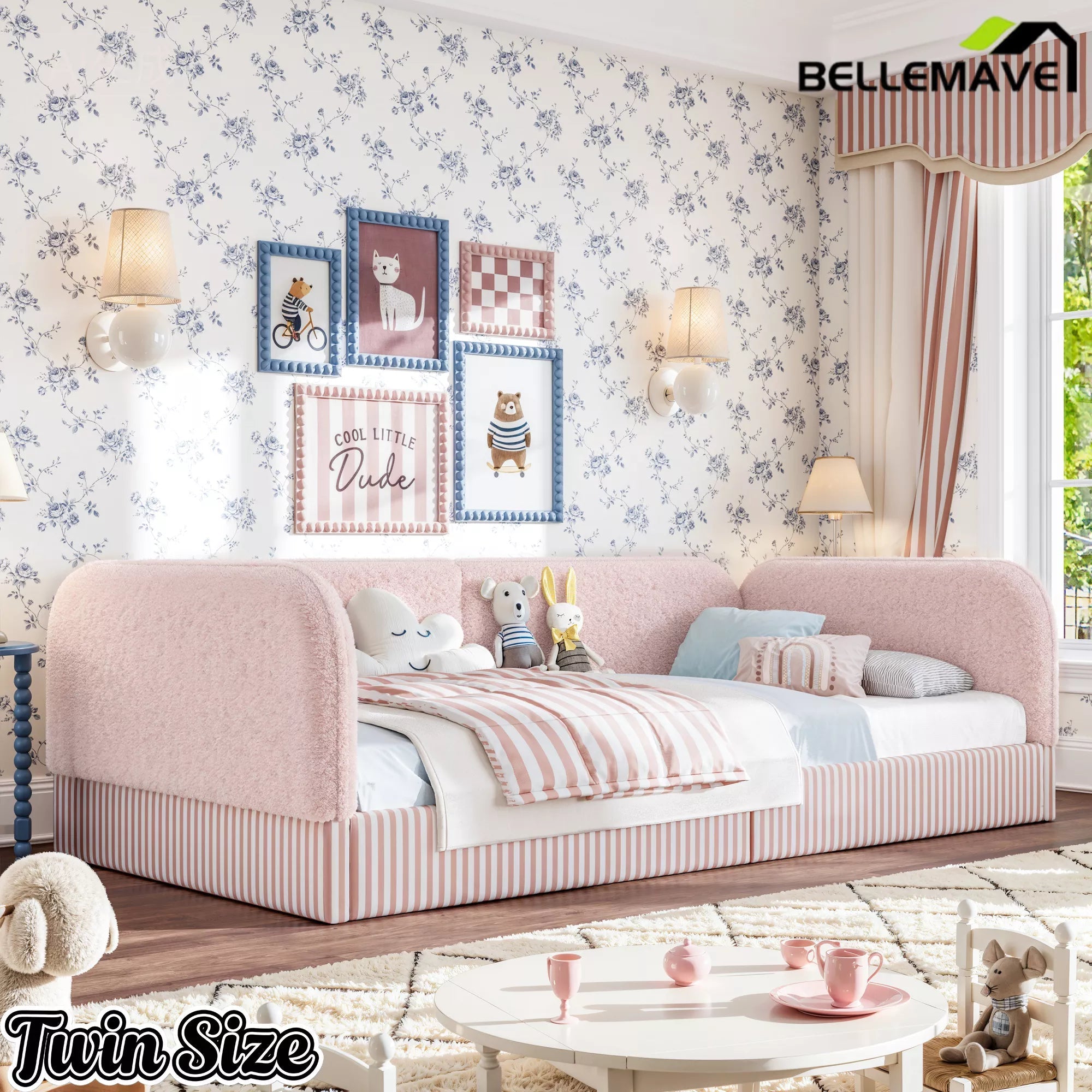 Bellemave® Montessori Floor Bed for Kids, Upholstered Teddy Fleece Low Profile Platform Bed with Side Guardrails - Bellemave