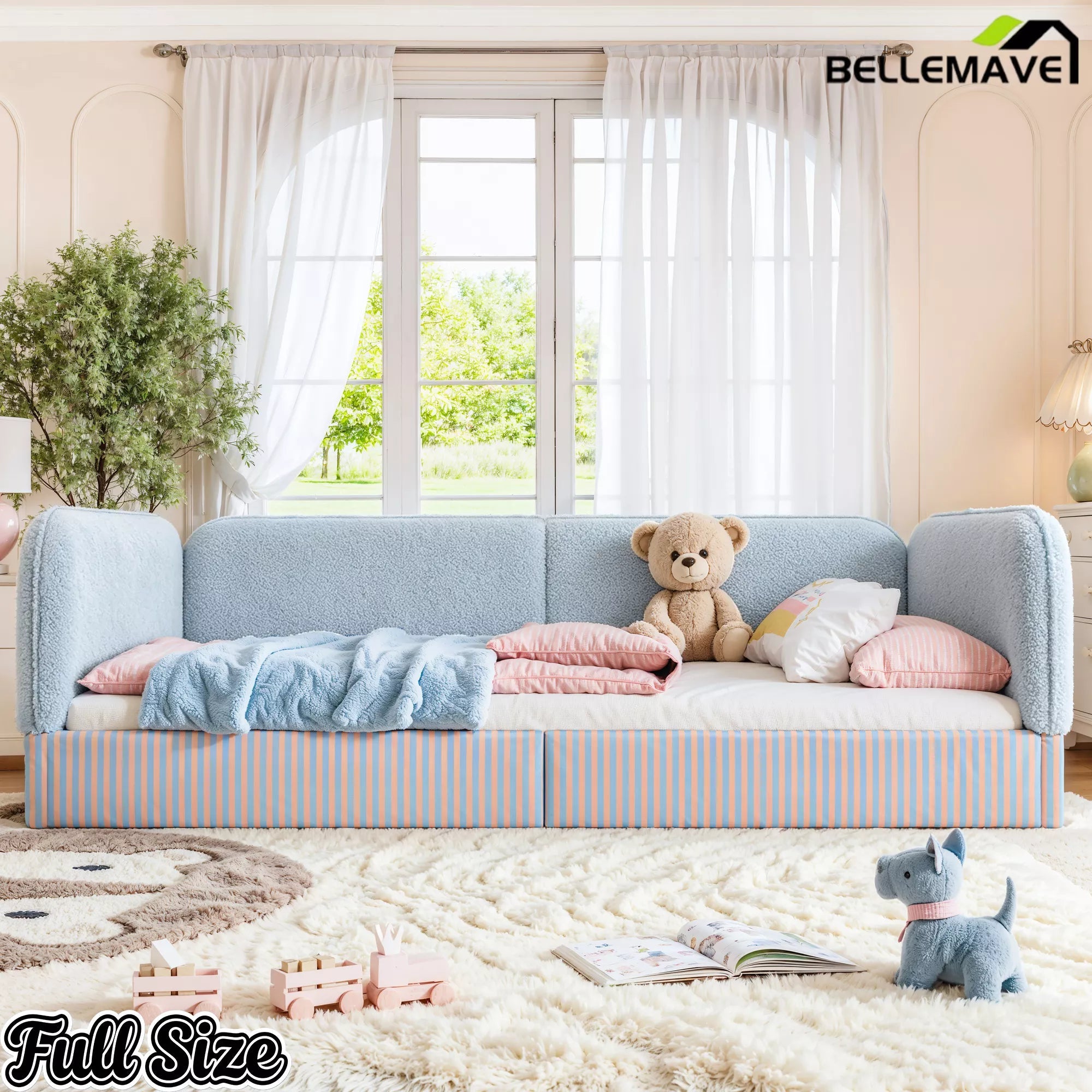 Bellemave® Montessori Floor Bed for Kids, Upholstered Teddy Fleece Low Profile Platform Bed with Side Guardrails - Bellemave