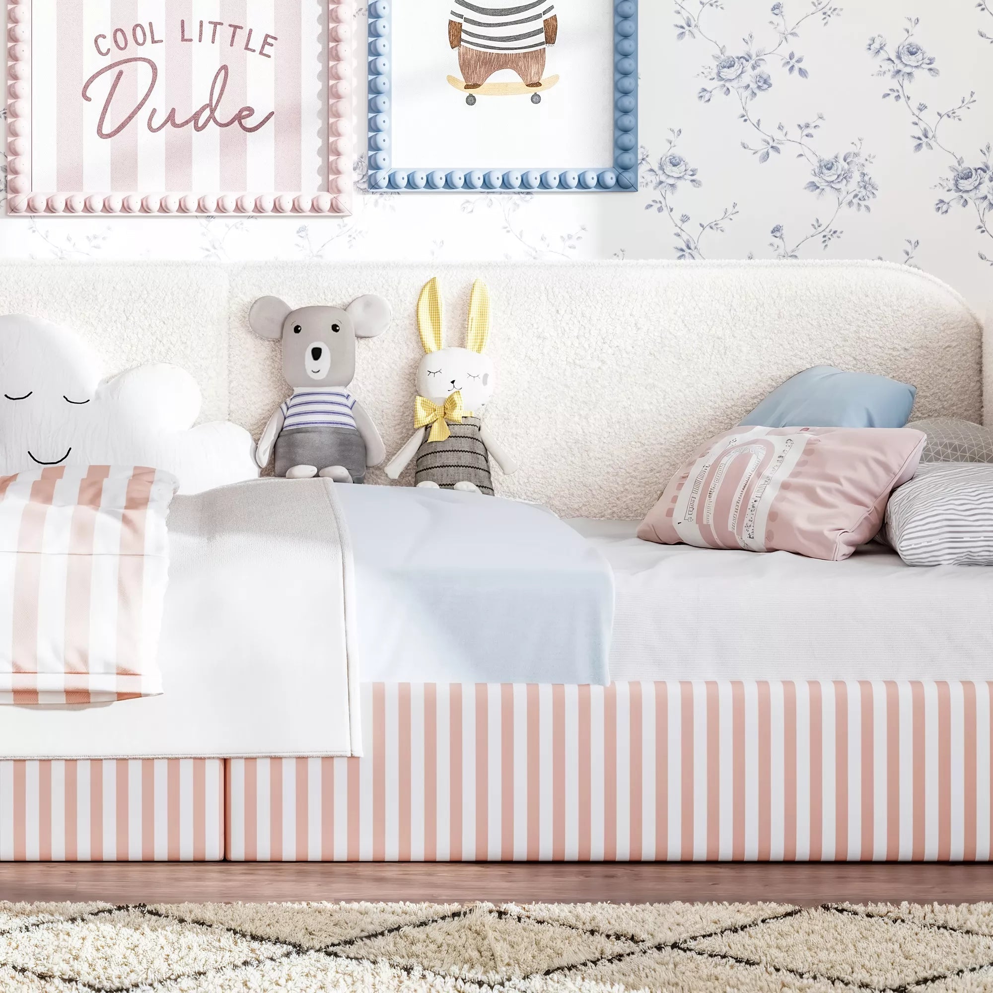 Bellemave® Montessori Floor Bed for Kids, Upholstered Teddy Fleece Low Profile Platform Bed with Side Guardrails - Bellemave