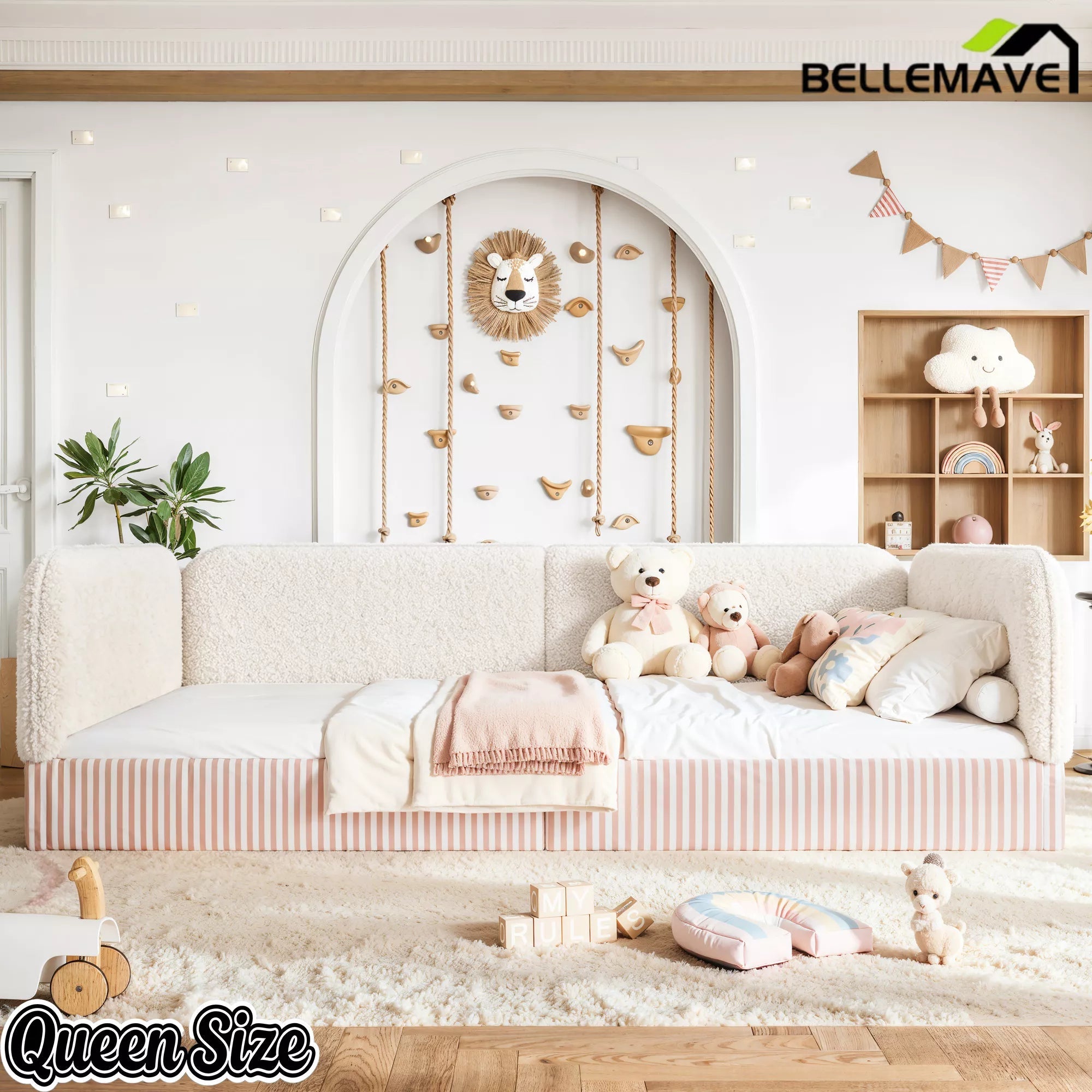 Bellemave® Montessori Floor Bed for Kids, Upholstered Teddy Fleece Low Profile Platform Bed with Side Guardrails - Bellemave