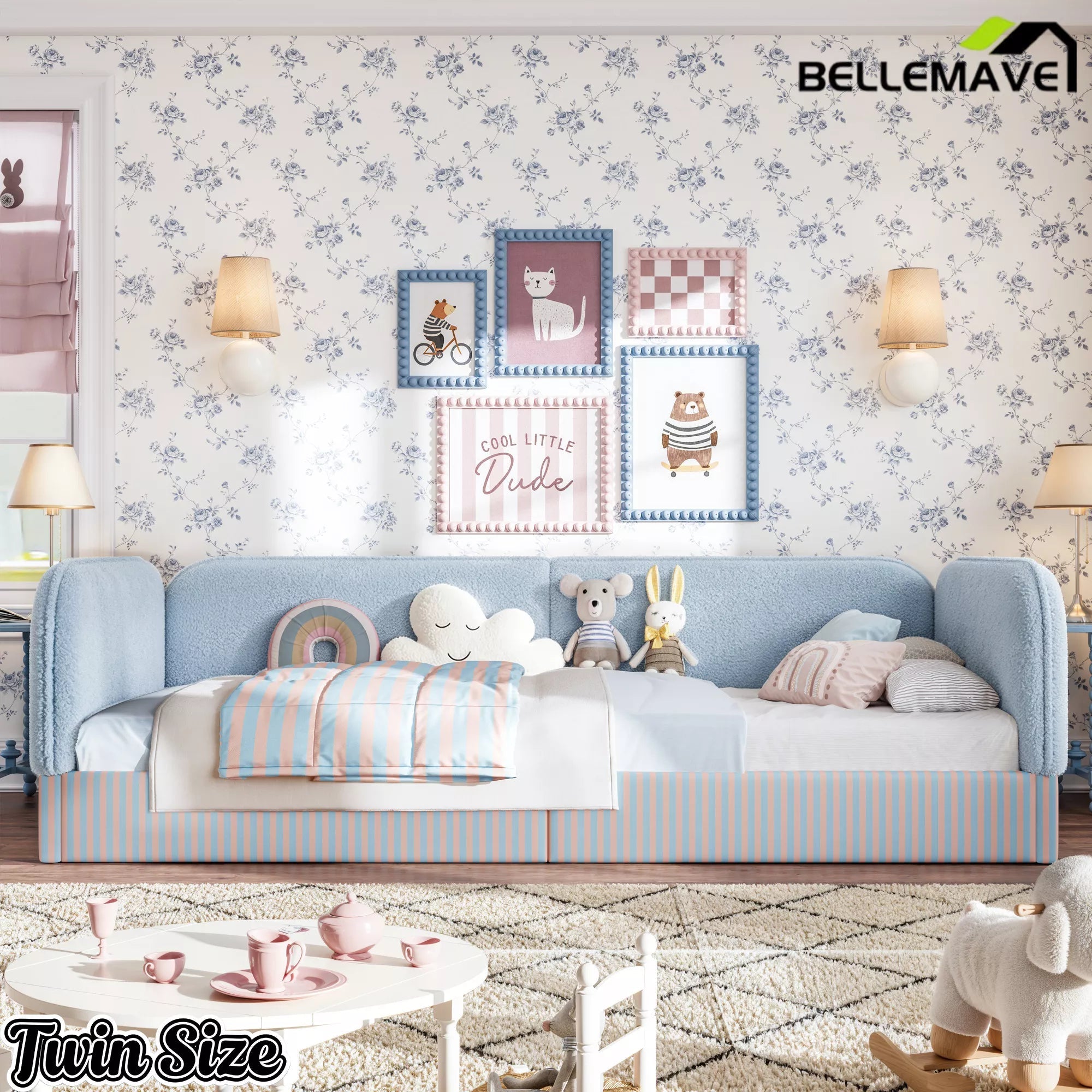Bellemave® Montessori Floor Bed for Kids, Upholstered Teddy Fleece Low Profile Platform Bed with Side Guardrails - Bellemave