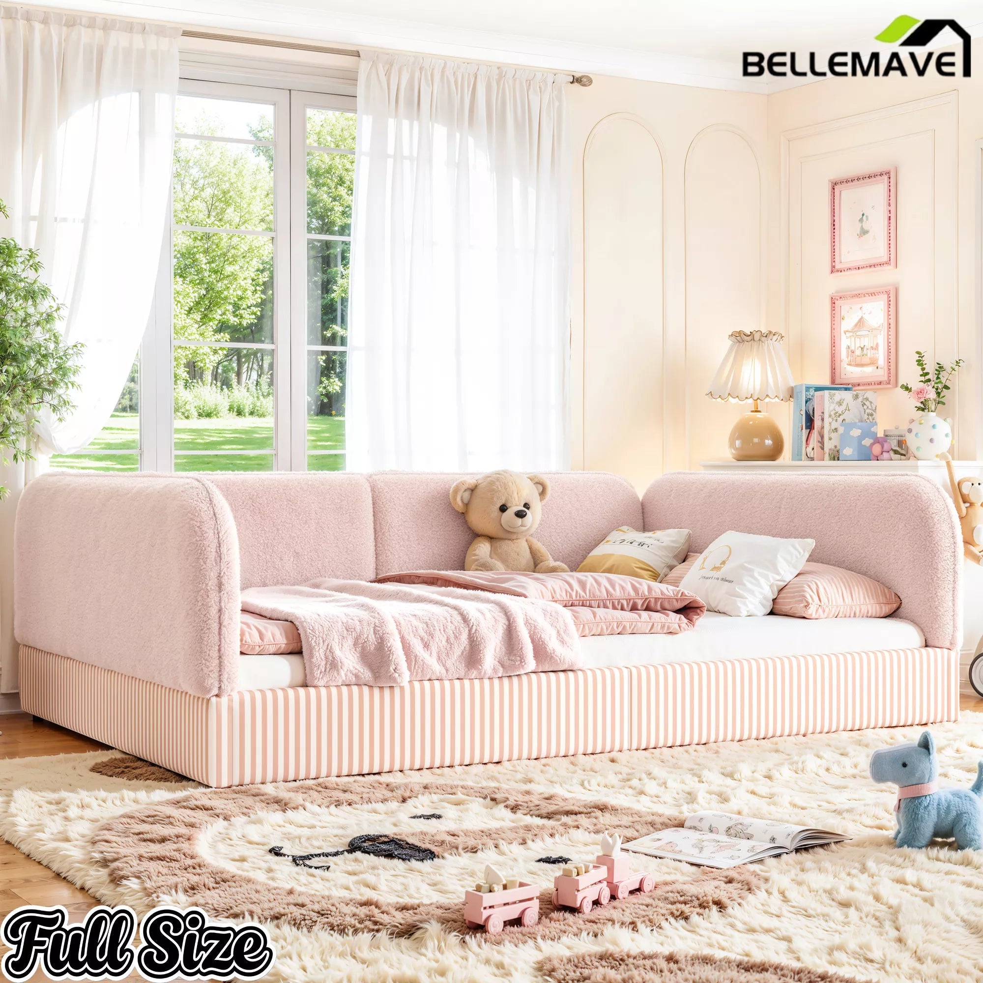 Bellemave® Montessori Floor Bed for Kids, Upholstered Teddy Fleece Low Profile Platform Bed with Side Guardrails - Bellemave