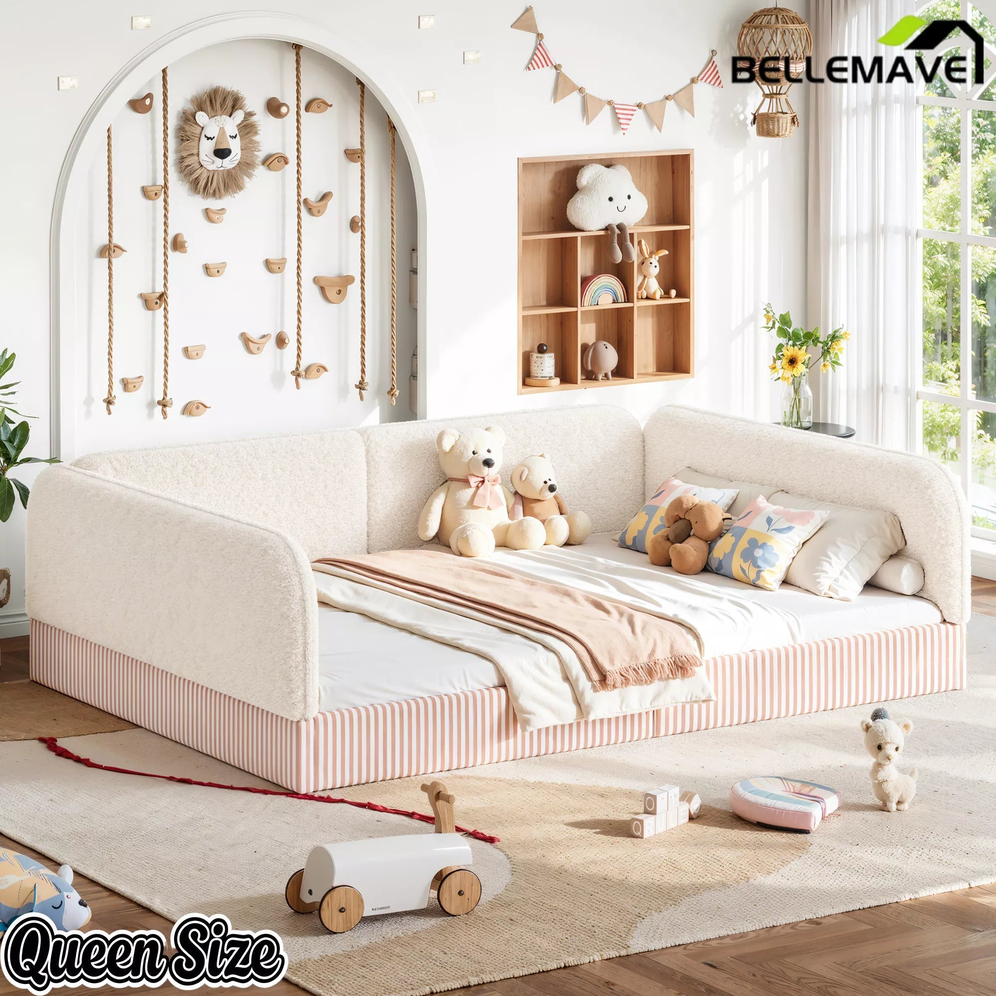 Bellemave® Montessori Floor Bed for Kids, Upholstered Teddy Fleece Low Profile Platform Bed with Side Guardrails - Bellemave