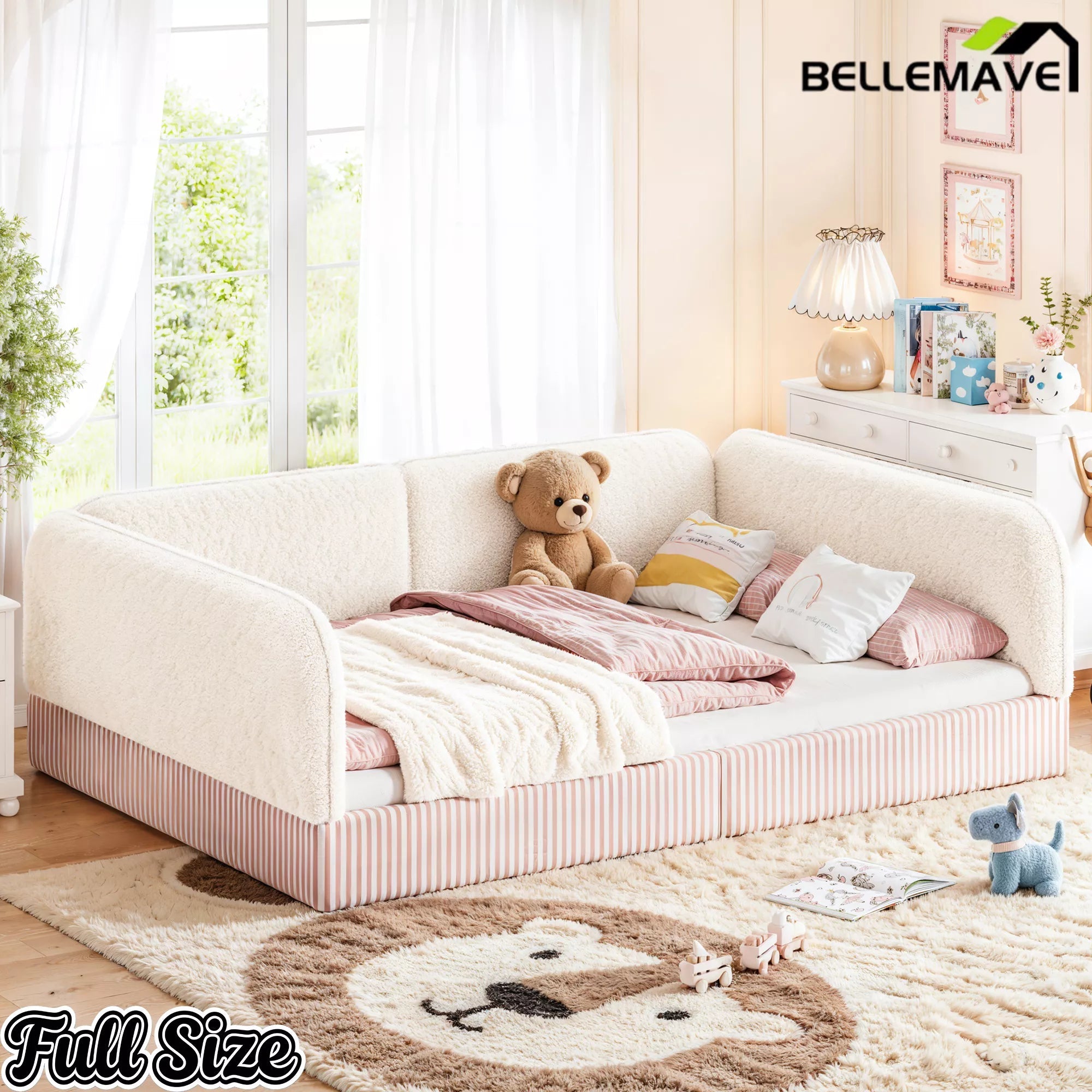 Bellemave® Montessori Floor Bed for Kids, Upholstered Teddy Fleece Low Profile Platform Bed with Side Guardrails - Bellemave