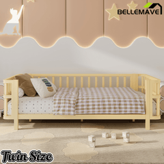 Bellemave® Montessori Floor Bed Frame with Removable Safety Rails – Solid Wood Low Profile Platform Bed for Kids - Bellemave