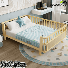 Bellemave® Montessori Floor Bed Frame with Removable Safety Rails – Solid Wood Low Profile Platform Bed for Kids - Bellemave