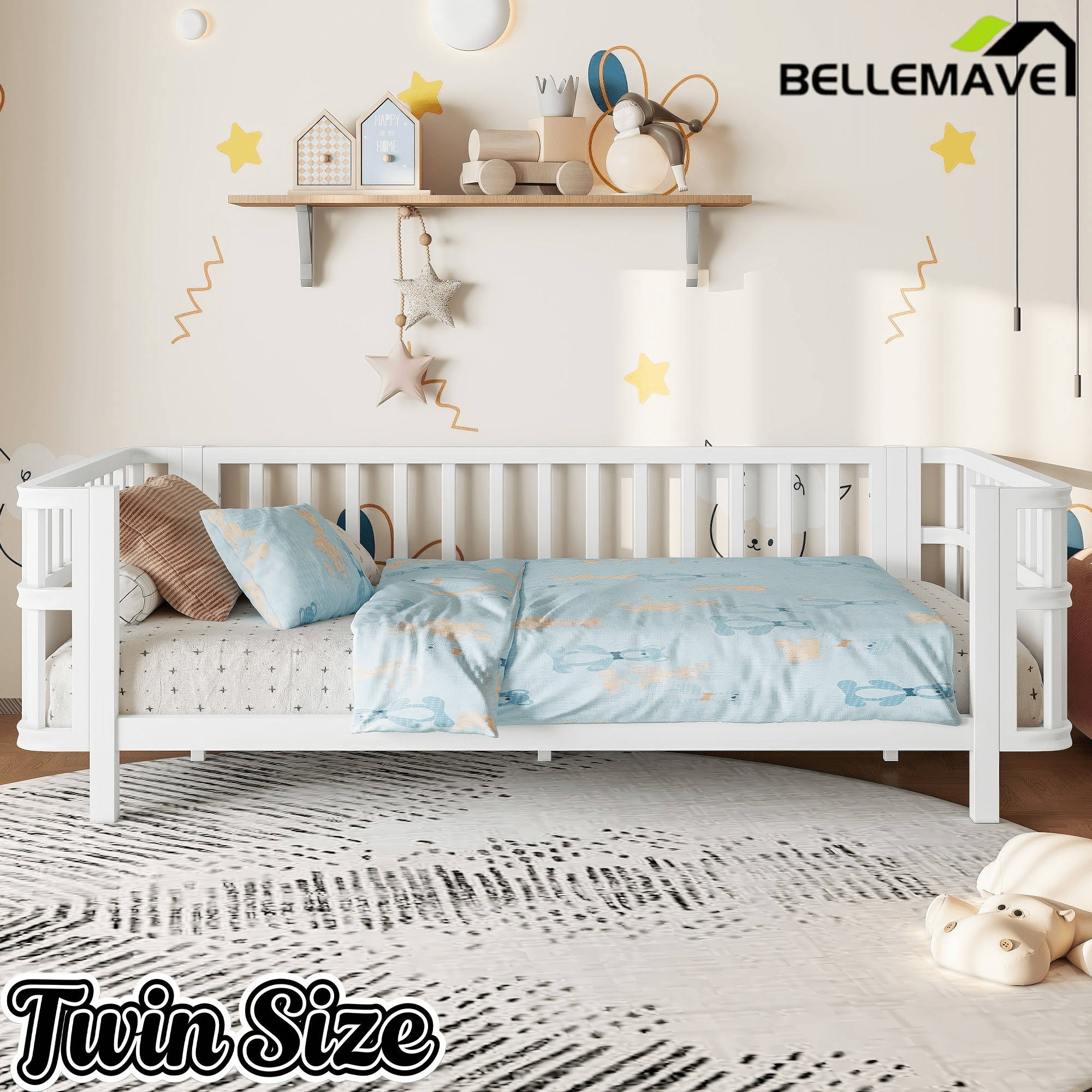 Bellemave® Montessori Floor Bed Frame with Removable Safety Rails – Solid Wood Low Profile Platform Bed for Kids - Bellemave