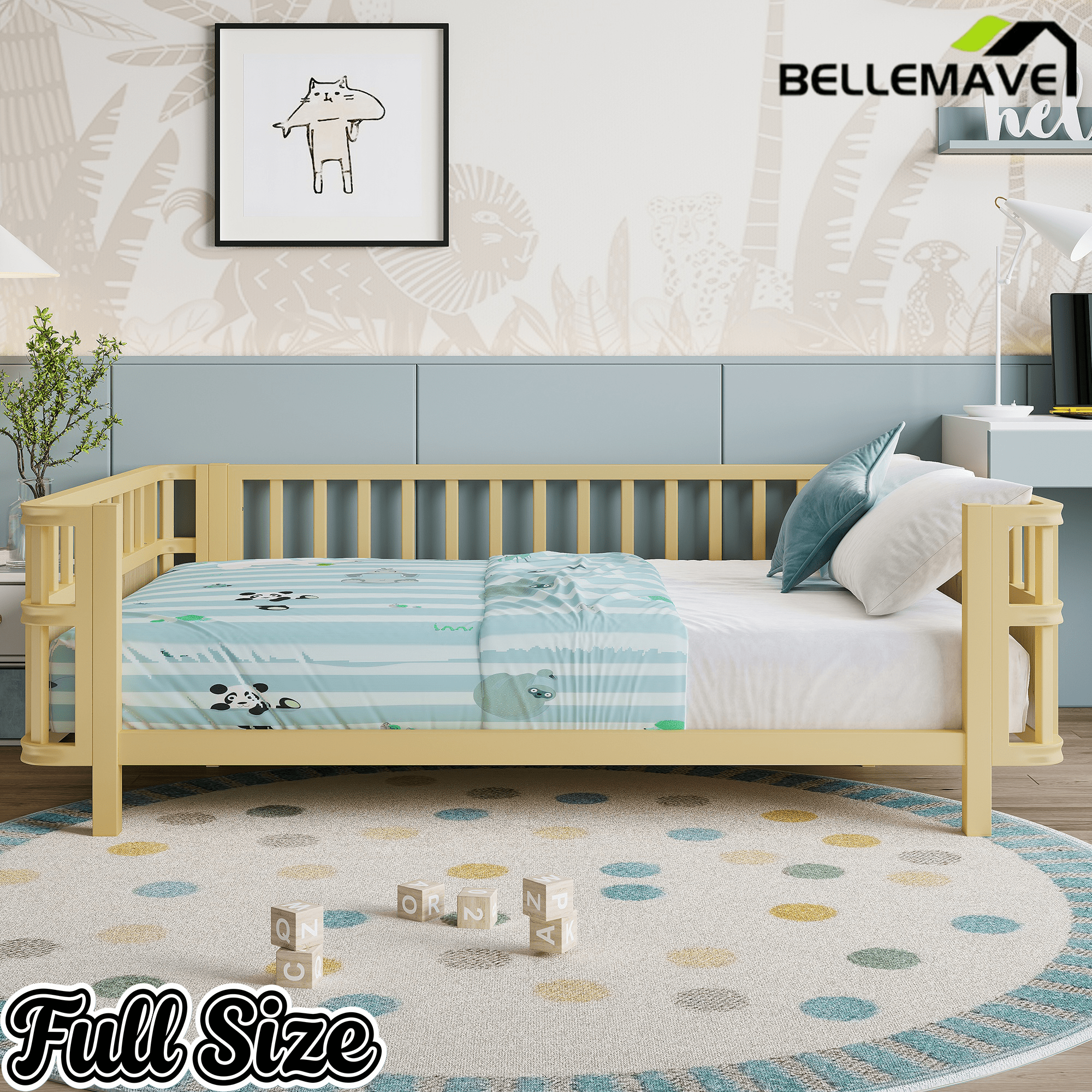 Bellemave® Montessori Floor Bed Frame with Removable Safety Rails – Solid Wood Low Profile Platform Bed for Kids - Bellemave