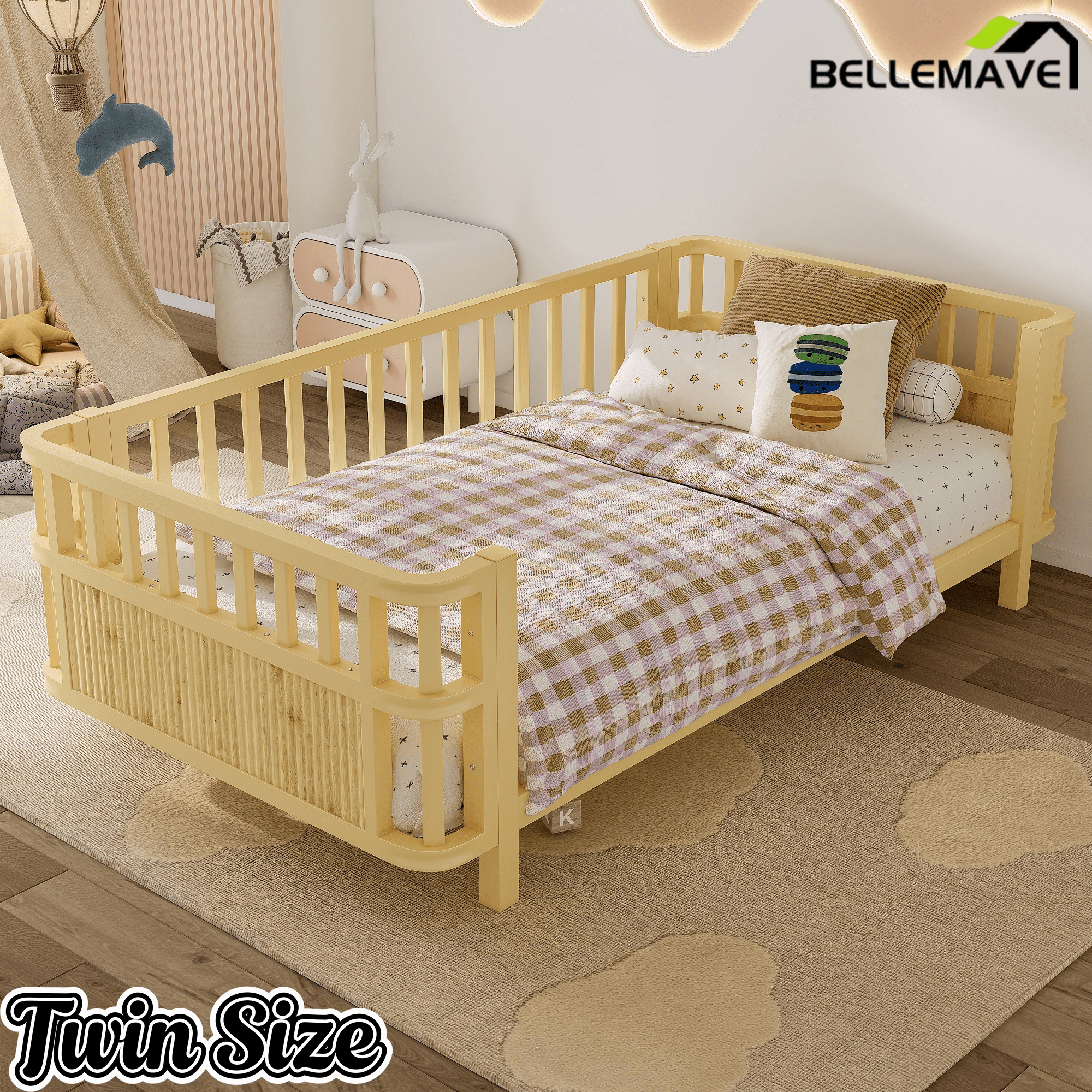 Bellemave® Montessori Floor Bed Frame with Removable Safety Rails – Solid Wood Low Profile Platform Bed for Kids - Bellemave