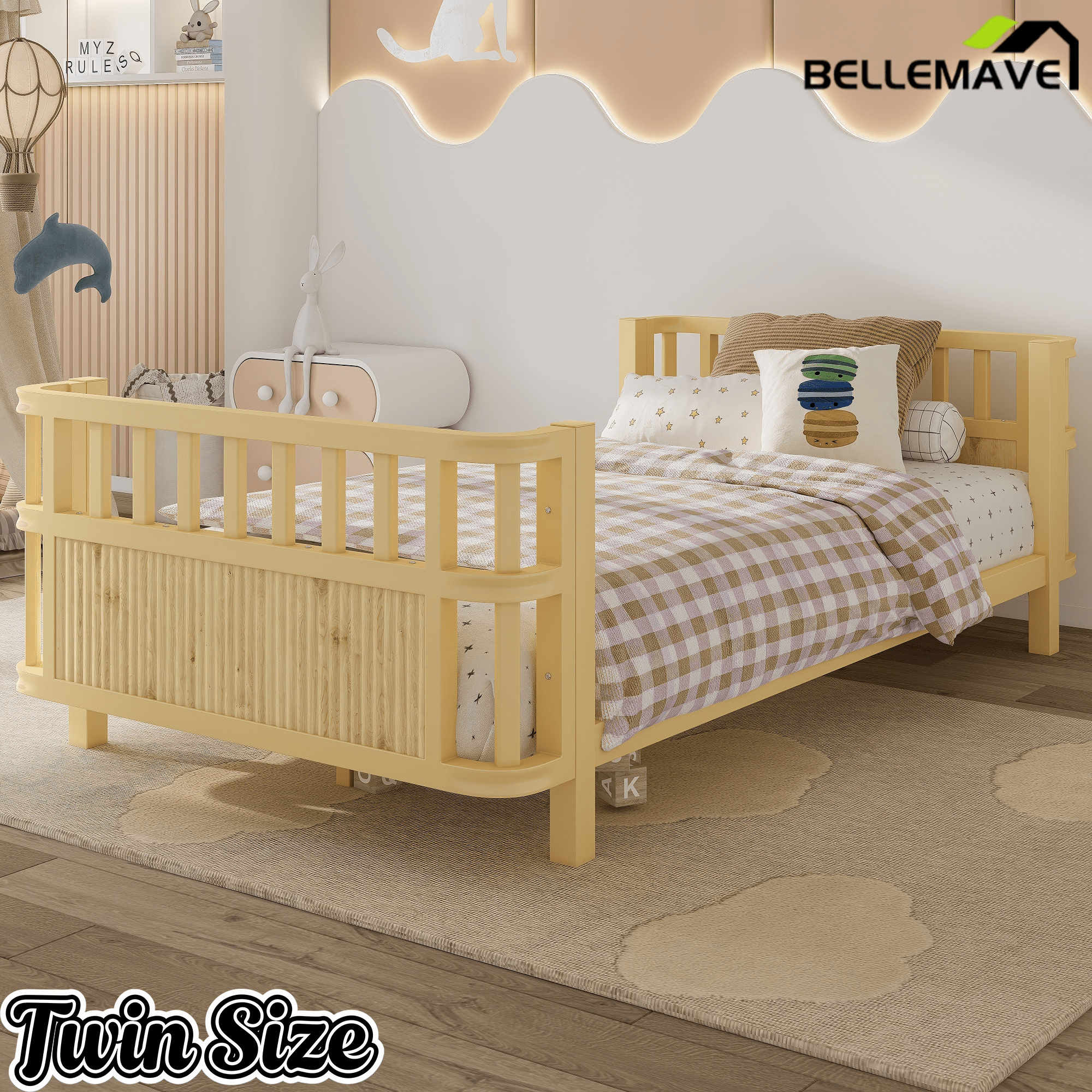 Bellemave® Montessori Floor Bed Frame with Removable Safety Rails – Solid Wood Low Profile Platform Bed for Kids - Bellemave