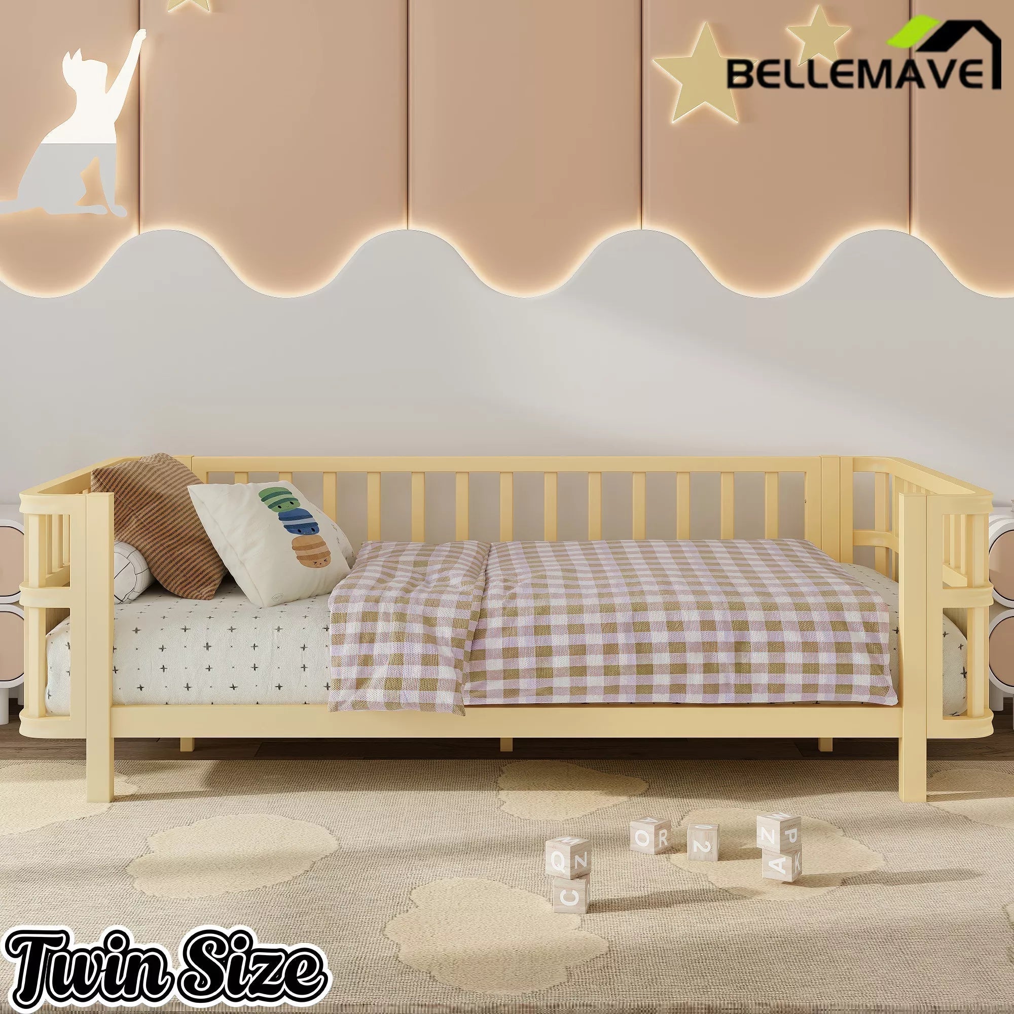 Bellemave® Montessori Floor Bed Frame with Removable Safety Rails – Solid Wood Low Profile Platform Bed for Kids - Bellemave
