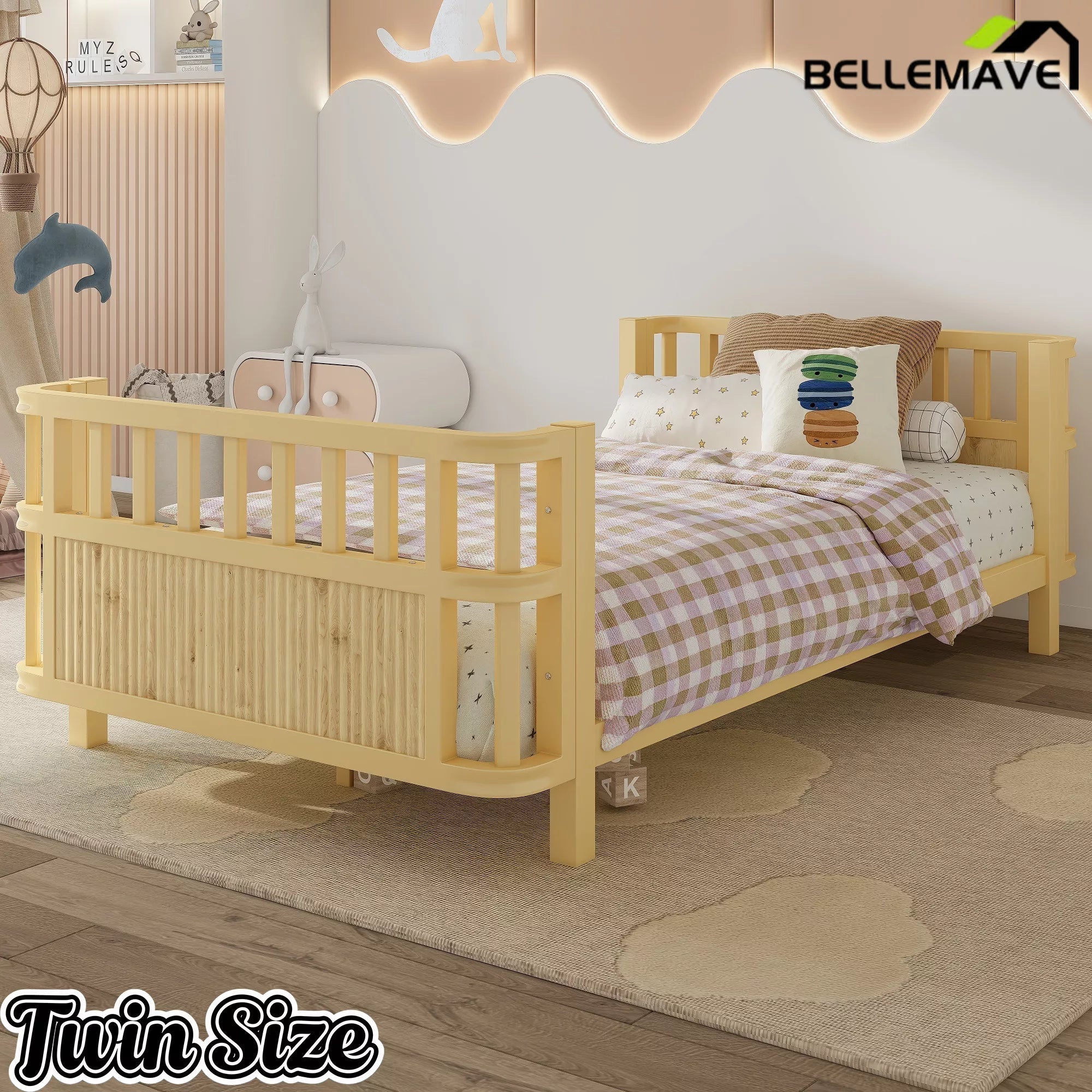 Bellemave® Montessori Floor Bed Frame with Removable Safety Rails – Solid Wood Low Profile Platform Bed for Kids - Bellemave