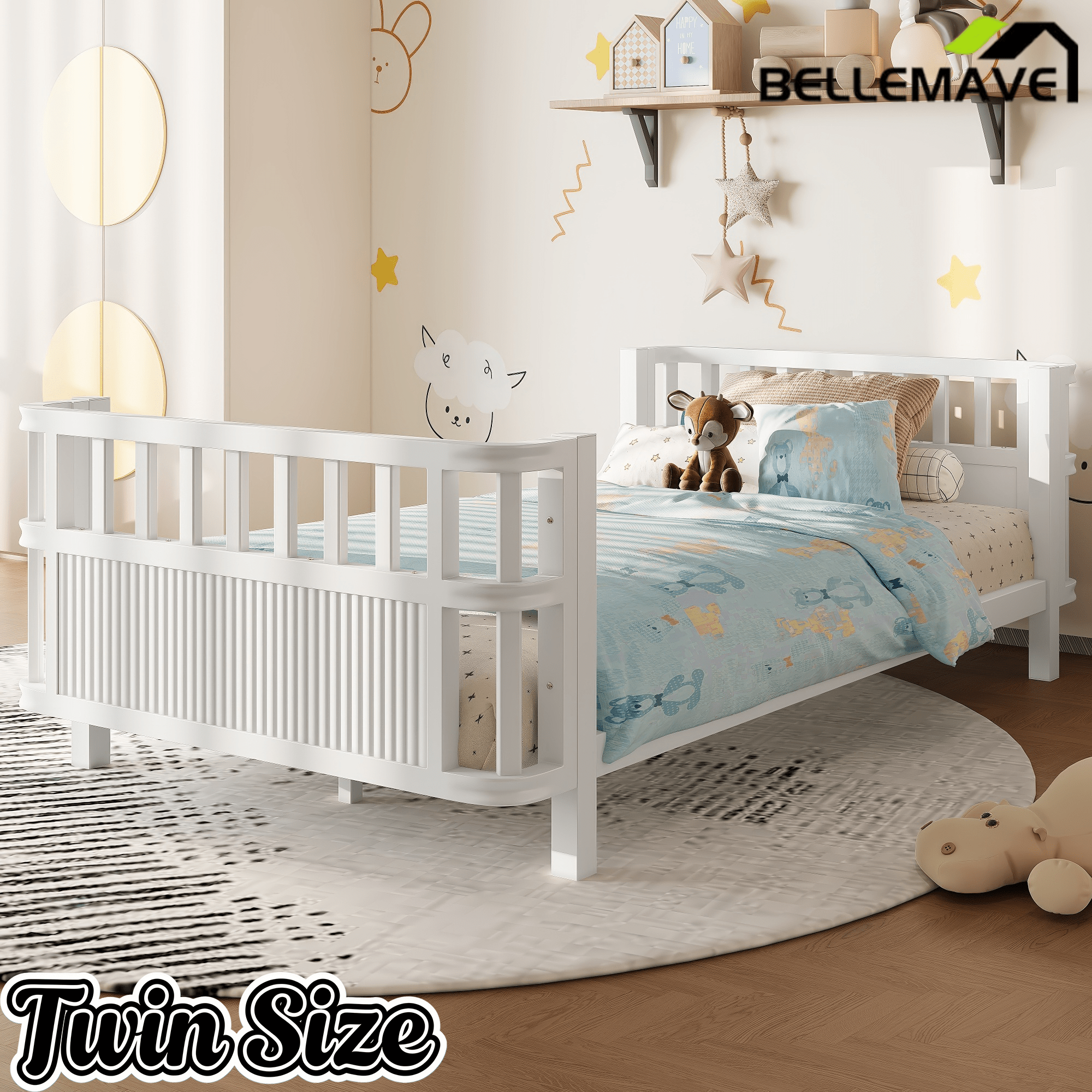 Bellemave® Montessori Floor Bed Frame with Removable Safety Rails – Solid Wood Low Profile Platform Bed for Kids - Bellemave