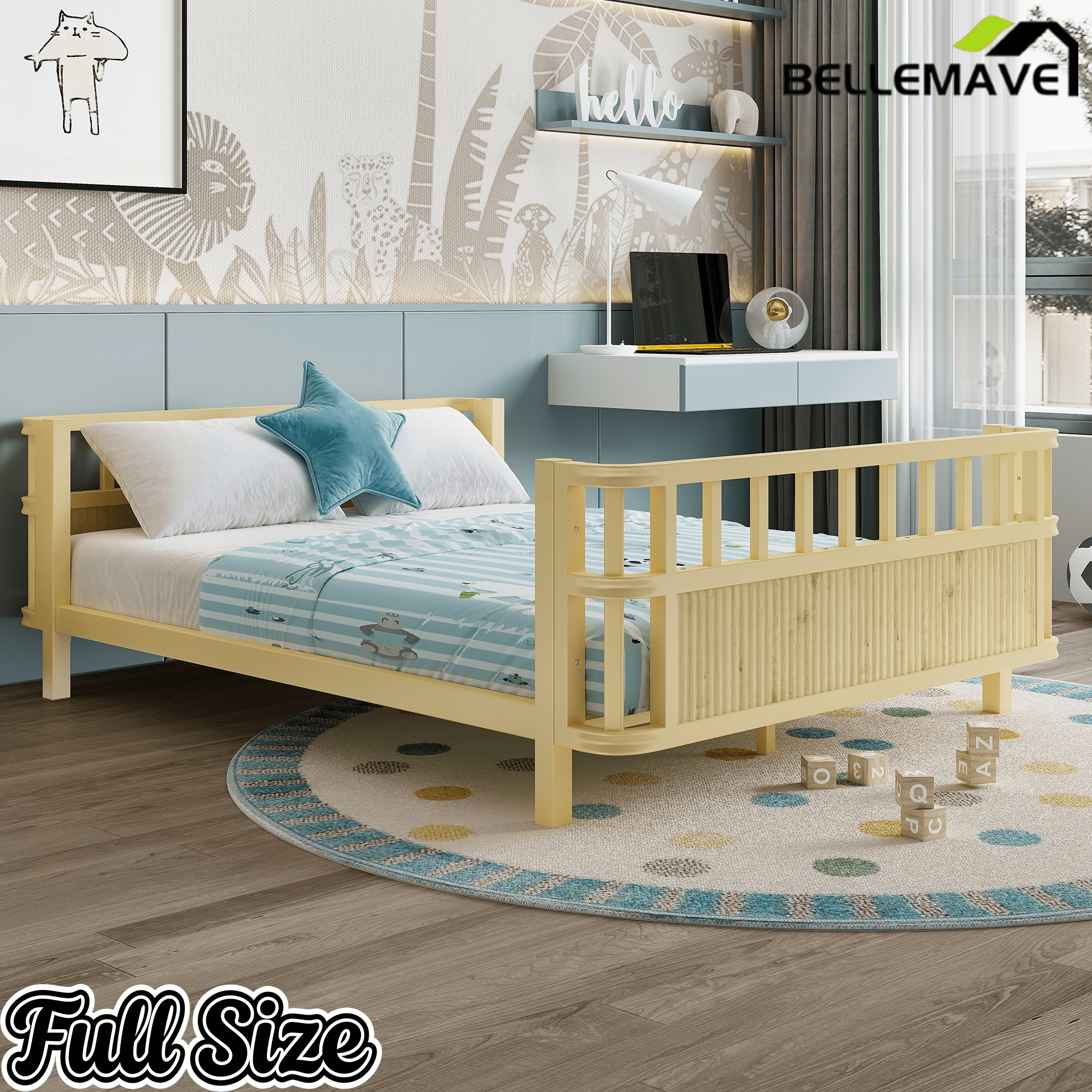 Bellemave® Montessori Floor Bed Frame with Removable Safety Rails – Solid Wood Low Profile Platform Bed for Kids - Bellemave
