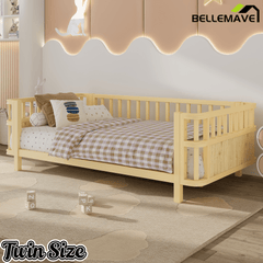 Bellemave® Montessori Floor Bed Frame with Removable Safety Rails – Solid Wood Low Profile Platform Bed for Kids - Bellemave