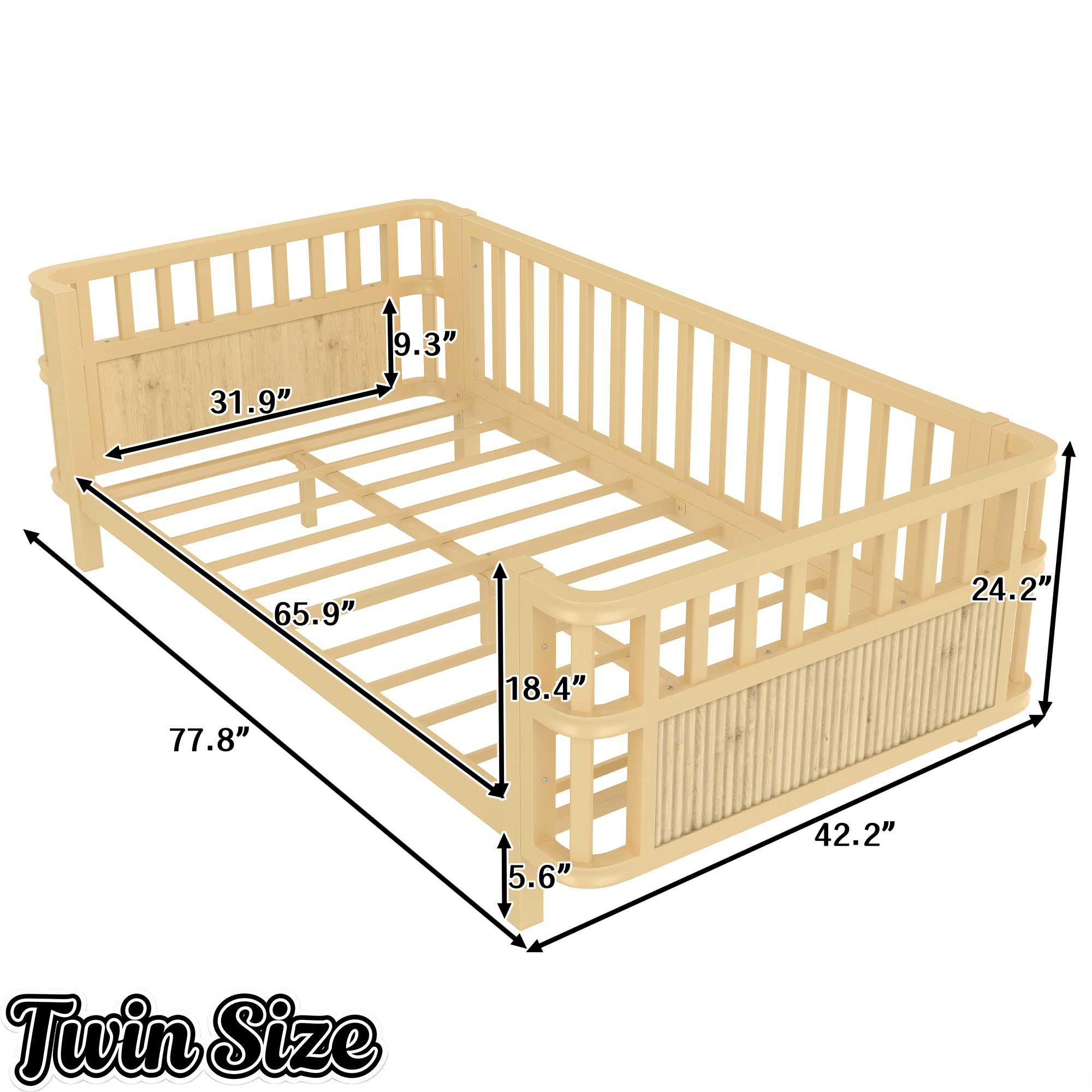 Bellemave® Montessori Floor Bed Frame with Removable Safety Rails – Solid Wood Low Profile Platform Bed for Kids - Bellemave