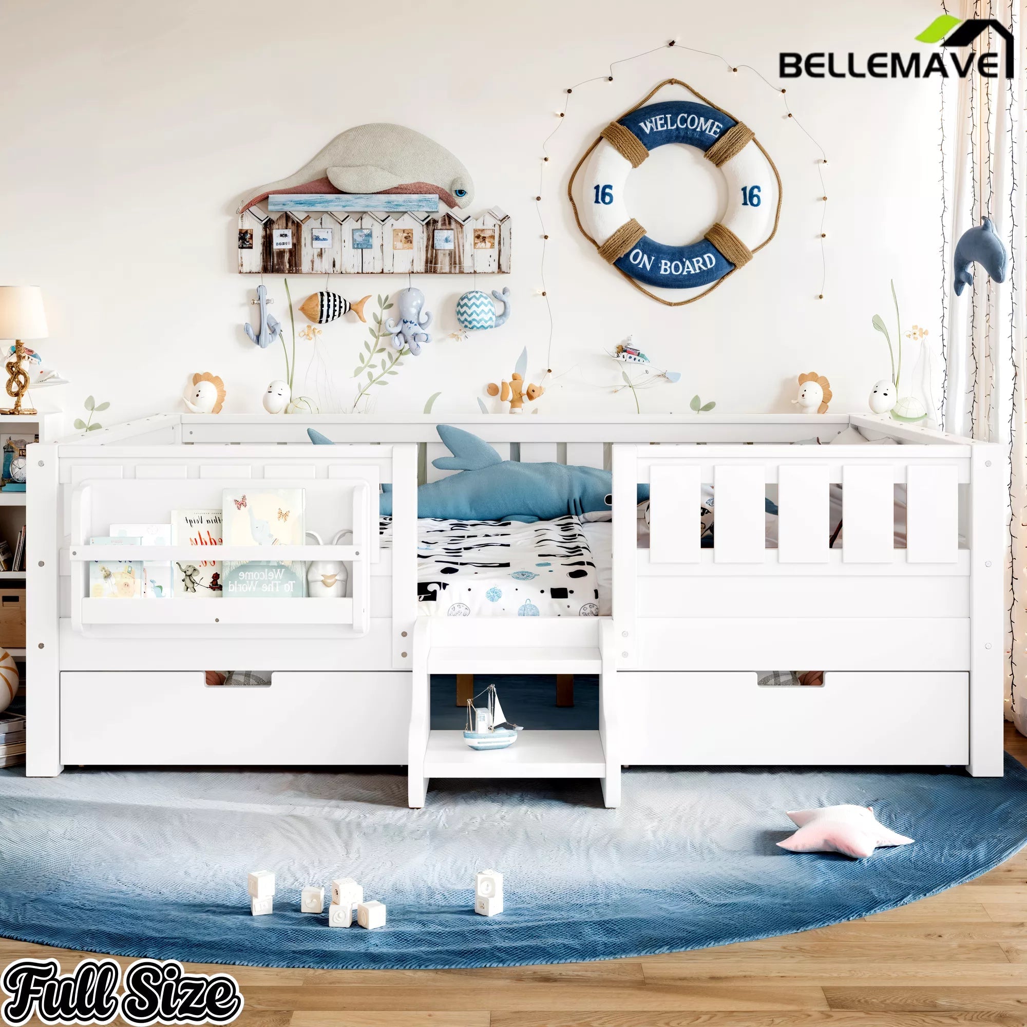 White Montessori floor bed with bookshelves and storage drawers full size