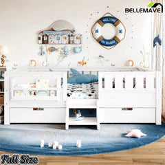 White Montessori floor bed with bookshelves and storage drawers full size