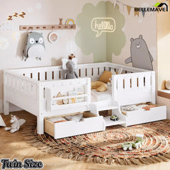 White kids floor bed with safety rails twin size
