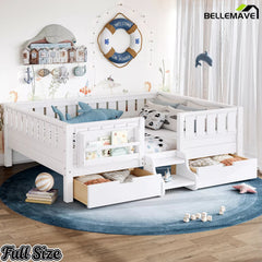 White kids floor bed with safety rails and staircase full size