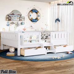 White wood storage floor bed with bookshelves full size