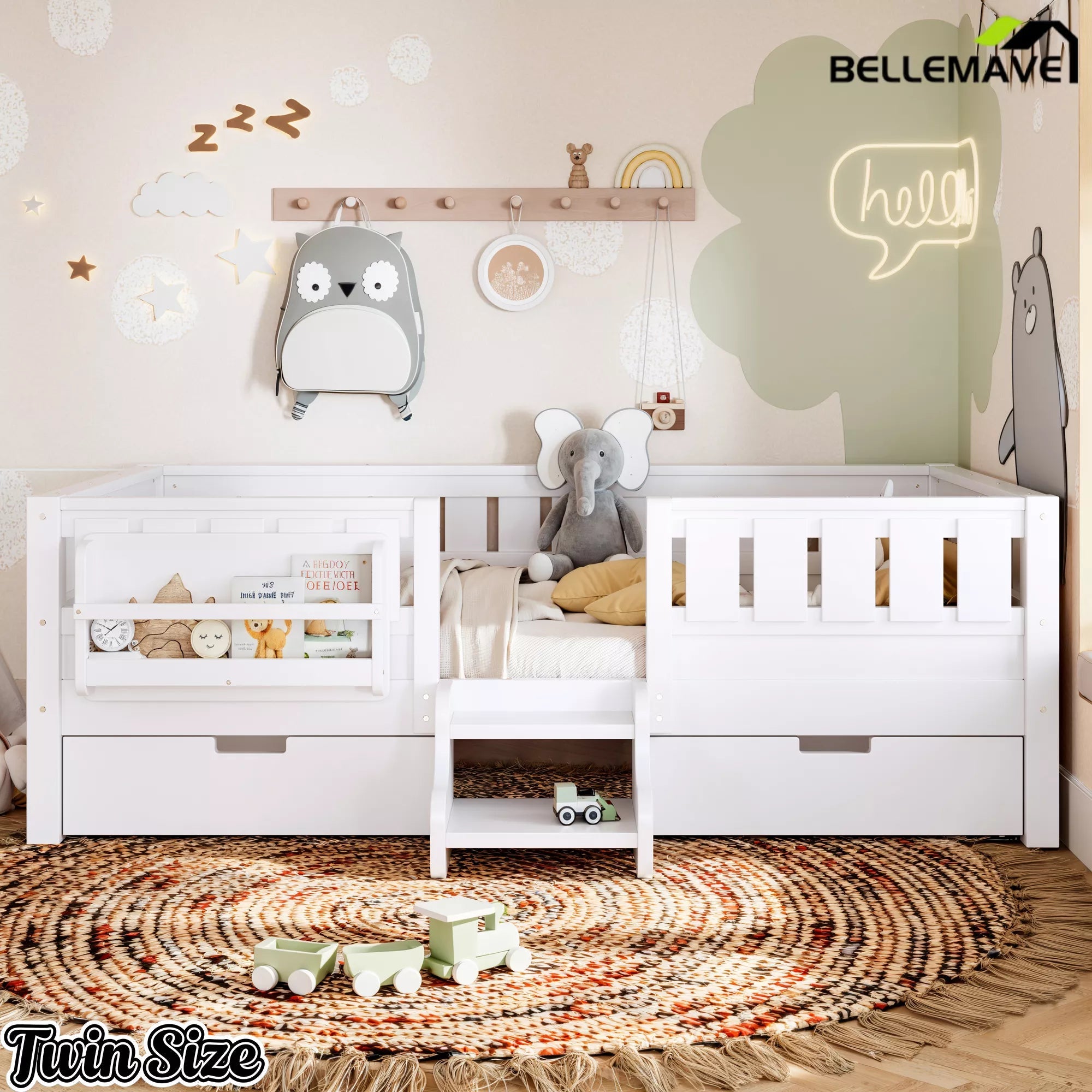 White Montessori floor bed with bookshelves twin size