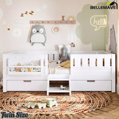 White Montessori floor bed with bookshelves twin size