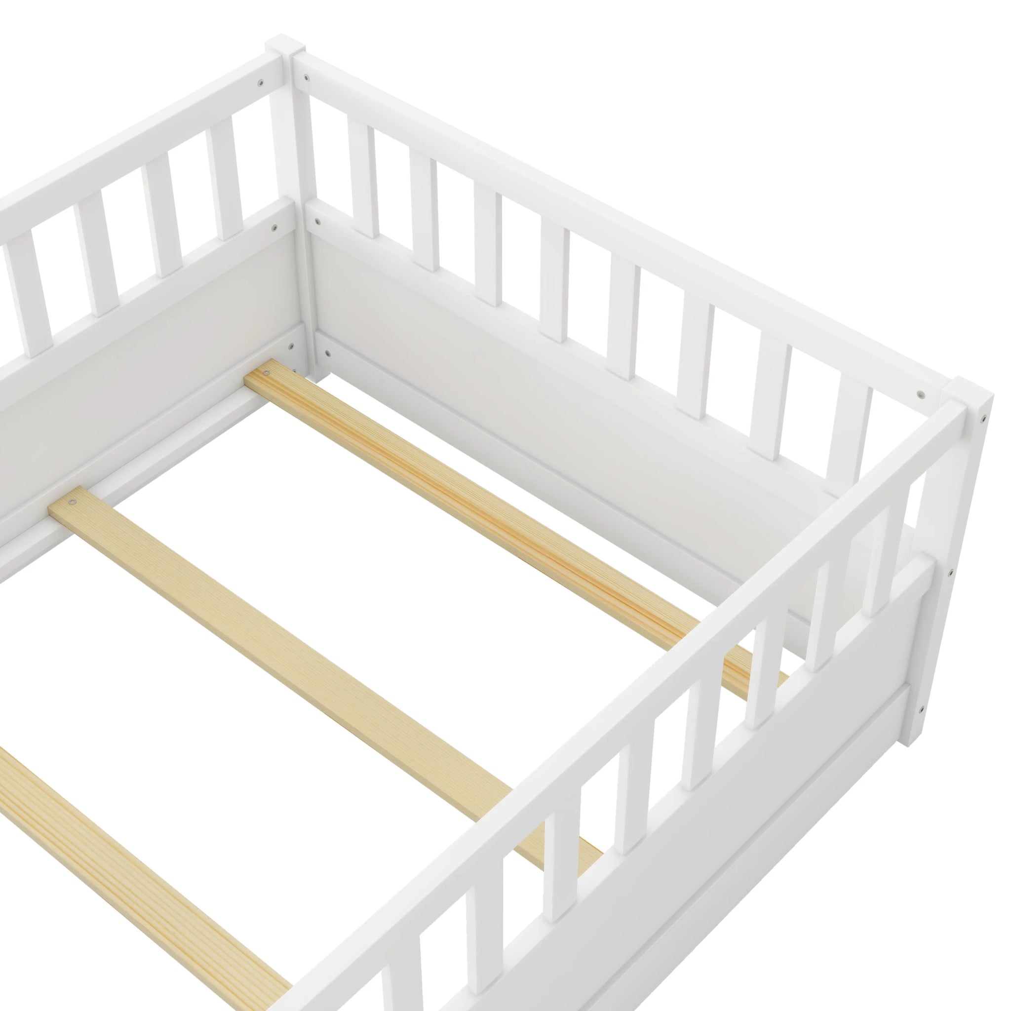 Bellemave Full Size Montessori Floor Bed - White Metal House Bed Frame With Safety Fence For Kids