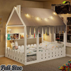 Bellemave® Montessori House Floor Bed for Kids with Fence Railings, Tent & Lights, Wooden Kids Floor Bed Frame with 3 Storage Shelves, Low Profile Bed for Boys & Girls (Slats Not Included) - Bellemave