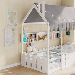 Bellemave® Montessori House Floor Bed for Kids with Fence Railings, Tent & Lights, Wooden Kids Floor Bed Frame with 3 Storage Shelves, Low Profile Bed for Boys & Girls (Slats Not Included) - Bellemave