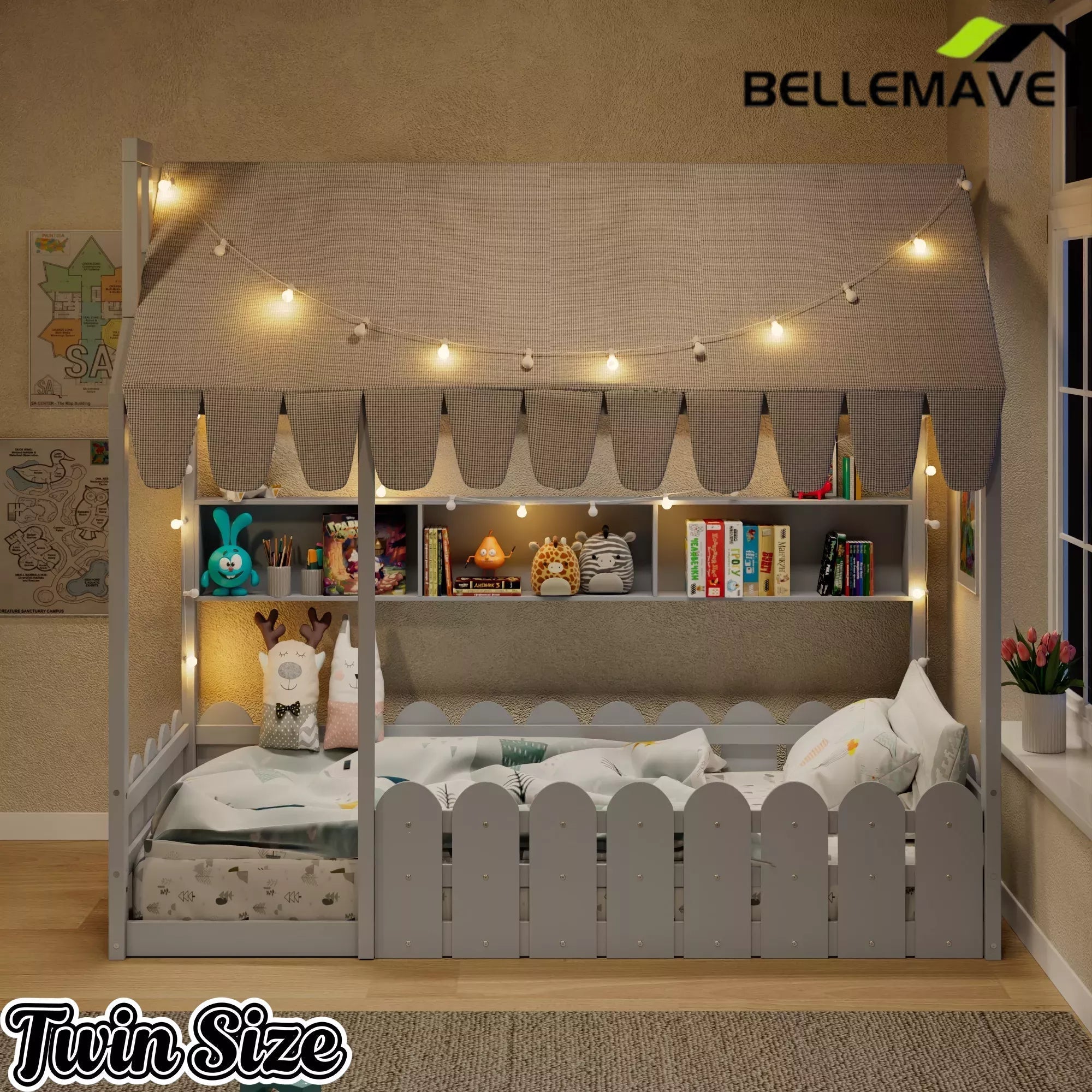 Bellemave® Montessori House Floor Bed for Kids with Fence Railings, Tent & Lights, Wooden Kids Floor Bed Frame with 3 Storage Shelves, Low Profile Bed for Boys & Girls (Slats Not Included) - Bellemave